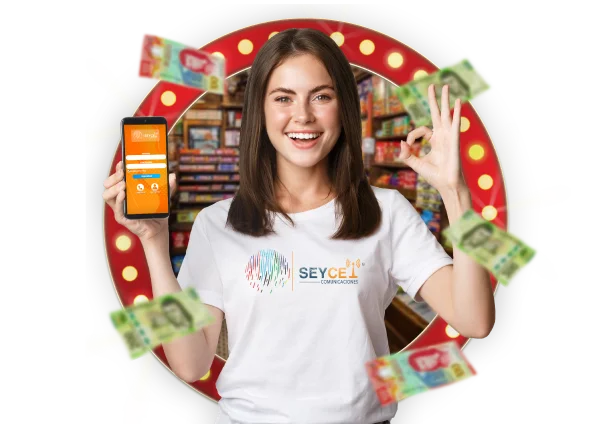mujer en tienda con telefono en mano y dinero volando, aplicacion para vender saldo, aplicacion para vender recargas, aplicacion para vender recargas telefonicas, aplicacion para vender recargas electronicas, apliacion para vender tiempo aire, vender recargas electronicas en mi negocio, vender recargas telefonicas y pagos de servicios en mi negocio, aumentar las ventas de mi negocio