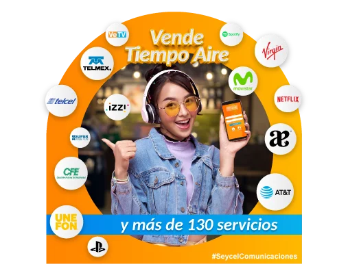 joven mujer con aplicacion para la venta de recargas, vende tiempo aire y mas de 130 servicios, vender playstation, vender reacrgas unefon, cobrar recibos de cfe, vender superobletos, vender recargas telcel, cobrar recibos telmex, cobrar recibos vetv, vender spotify, vender recargas movistar, virgin, att, vender pines netflix