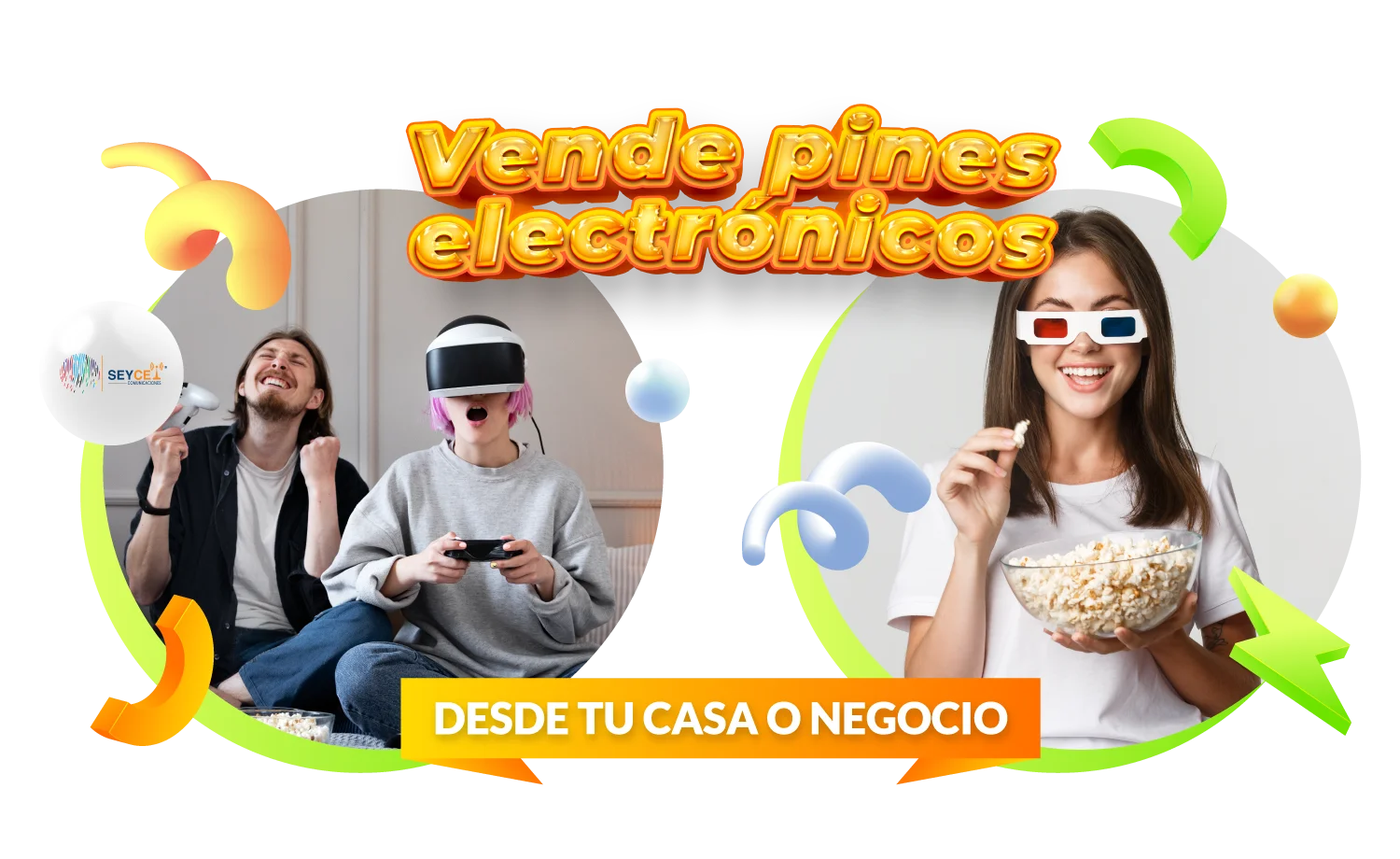 pareja jugando videojuegos, mujer comiendo palomitas con lentes 3d vender pines desde mi casa, vender pines desde negocio, vende pines desde tu casa o negocio, como funciona el negocio de la venta de pines electronicos, ganar dinero vendiendo pines